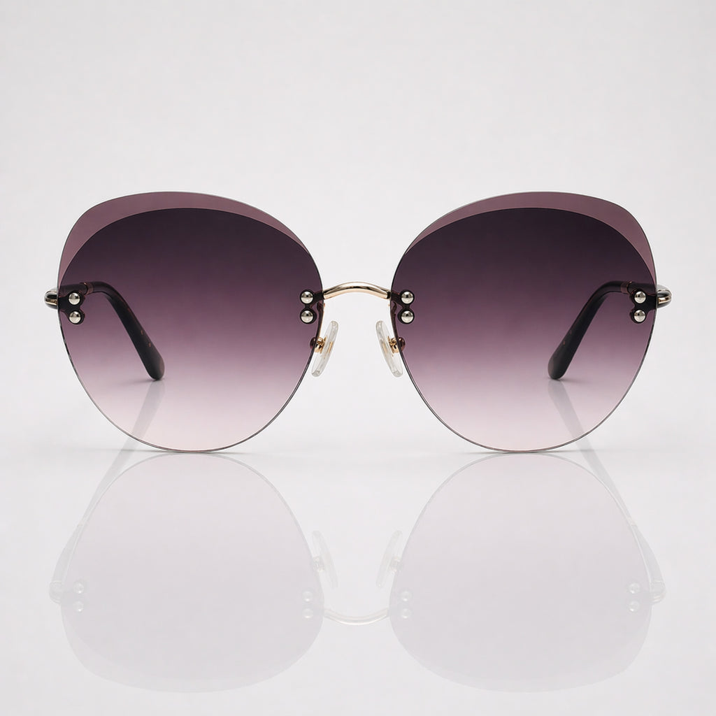 Oversized Round Grey Gradient Gold Rimless Sunglasses – Women