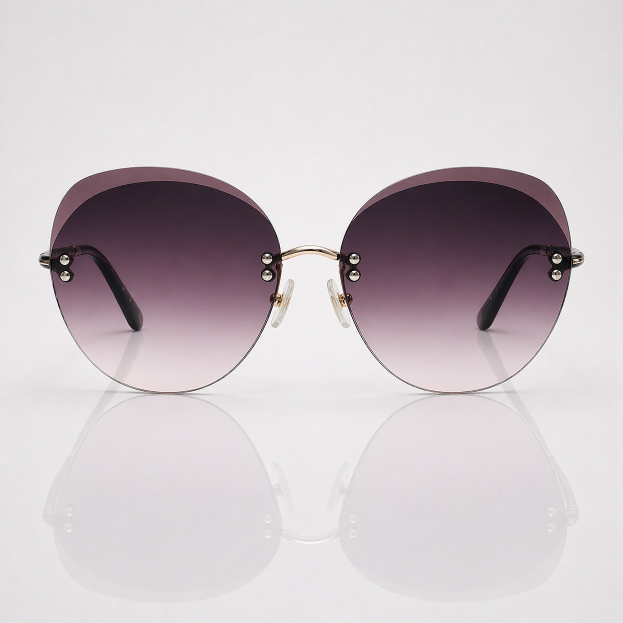 Oversized Round Grey Gradient Gold Rimless Sunglasses – Women