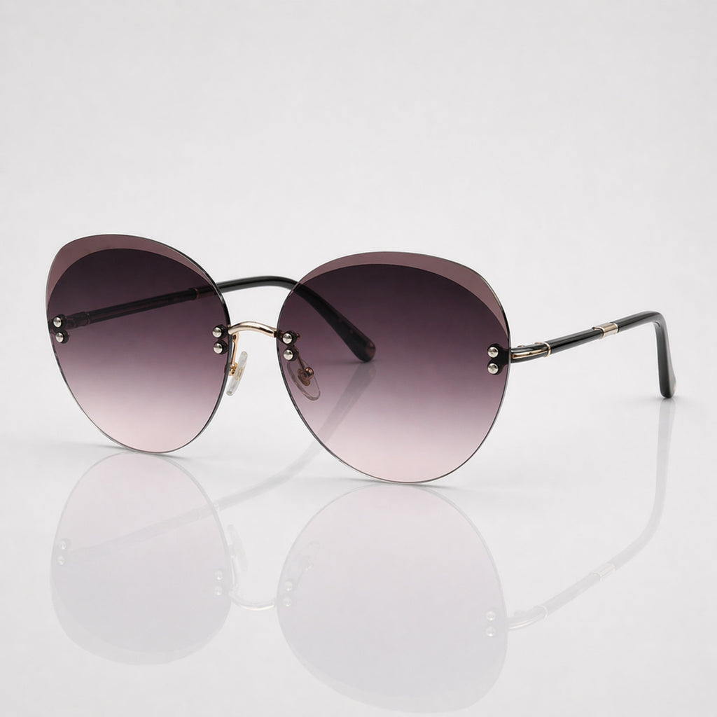 Oversized Round Grey Gradient Gold Rimless Sunglasses – Women