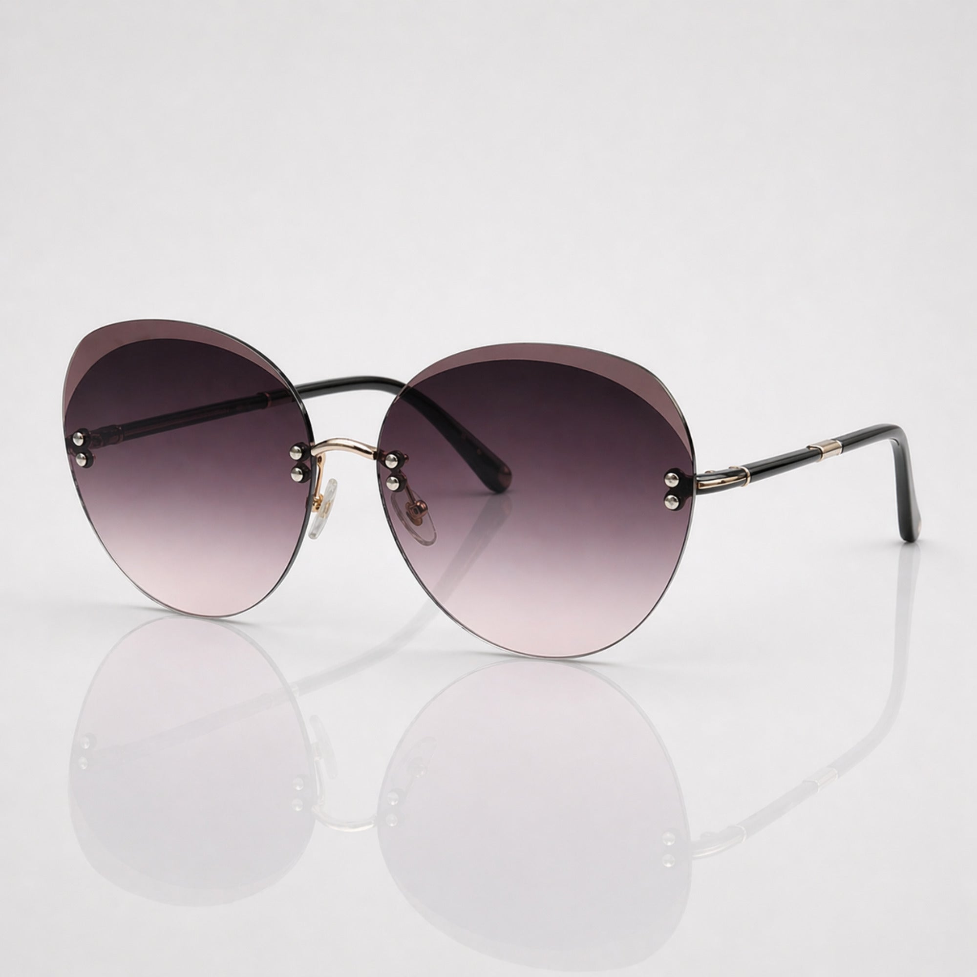 Oversized Round Grey Gradient Gold Rimless Sunglasses – Women
