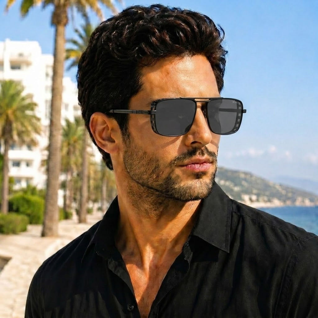 Vincent Chase Square Grey Lens Black Metal Sunglasses – Unisex