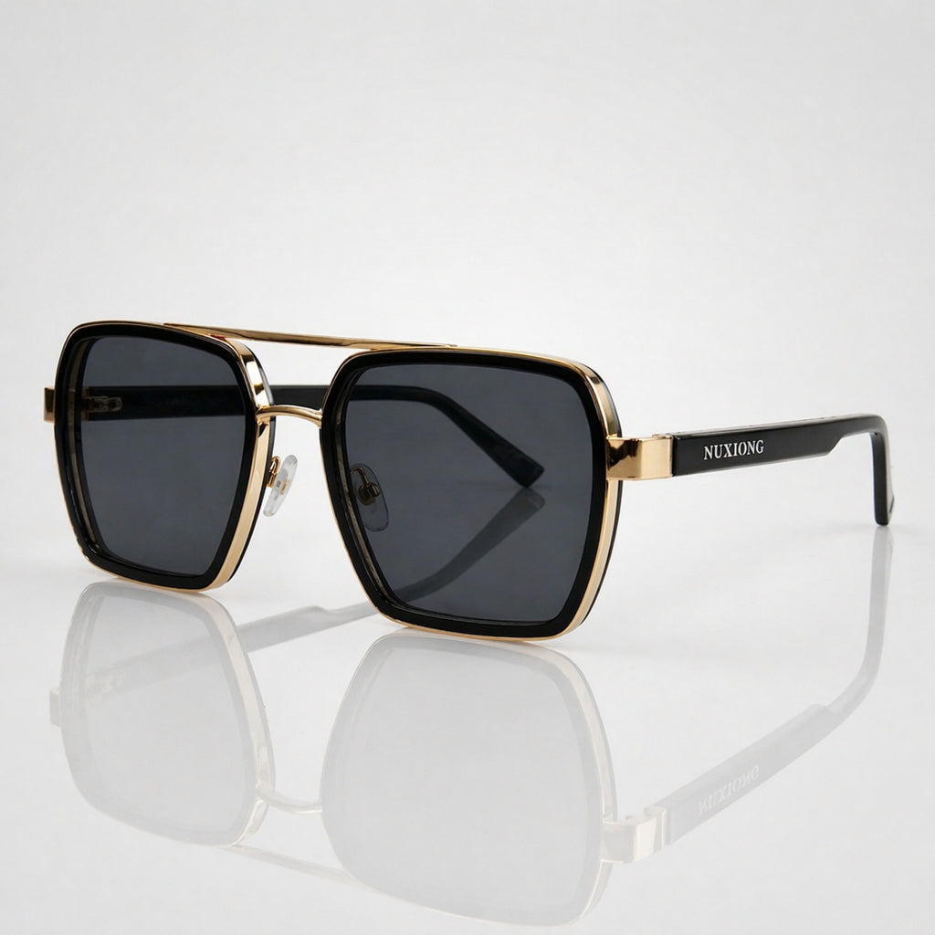 Square Black Lens Gold Square Aviator Sunglasses – Unisex