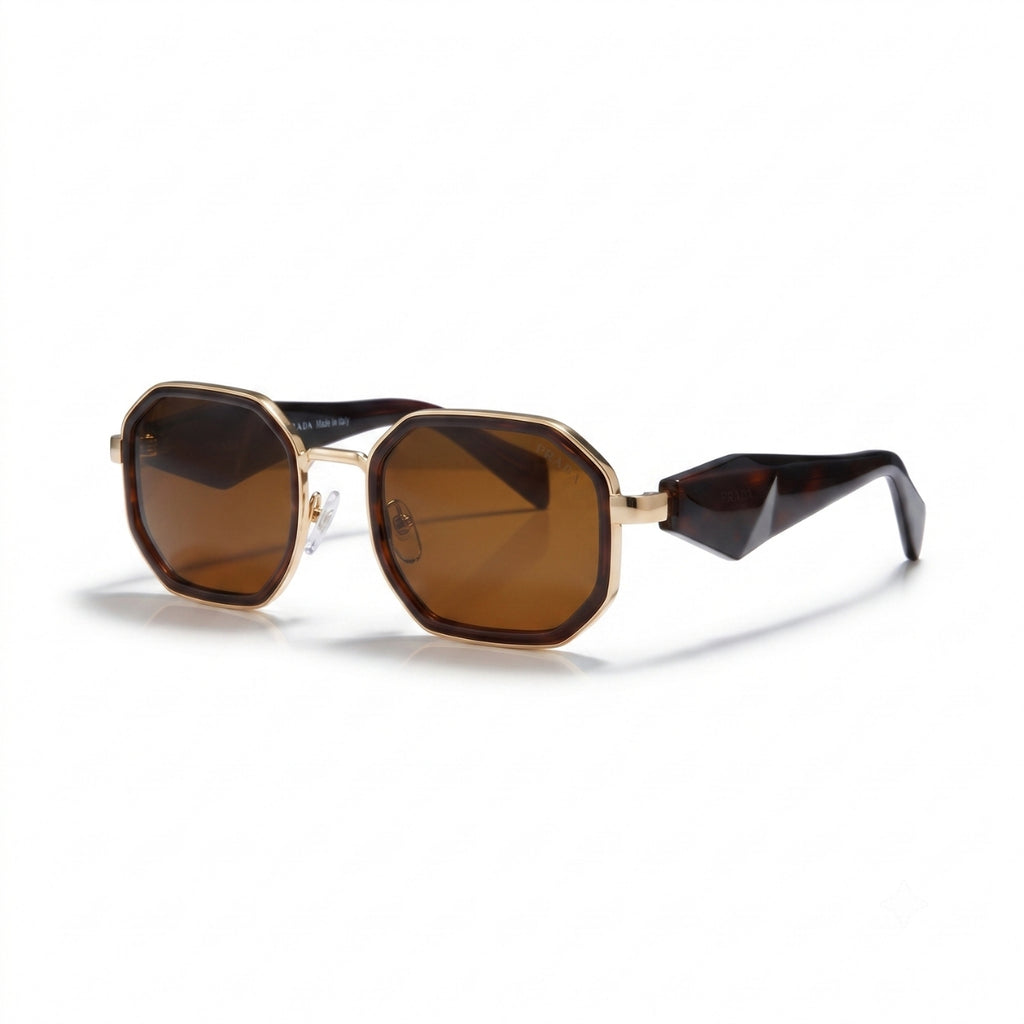 Prada Geometric Brown Gold Frame Sunglasses